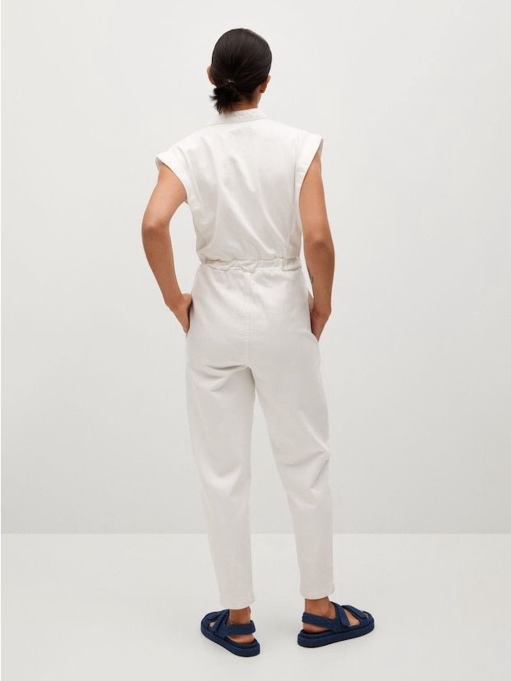 Zara White Denim Utility Jumpsuit Sleeveless Barrel Leg Snap Front Size M - Picture 11 of 11